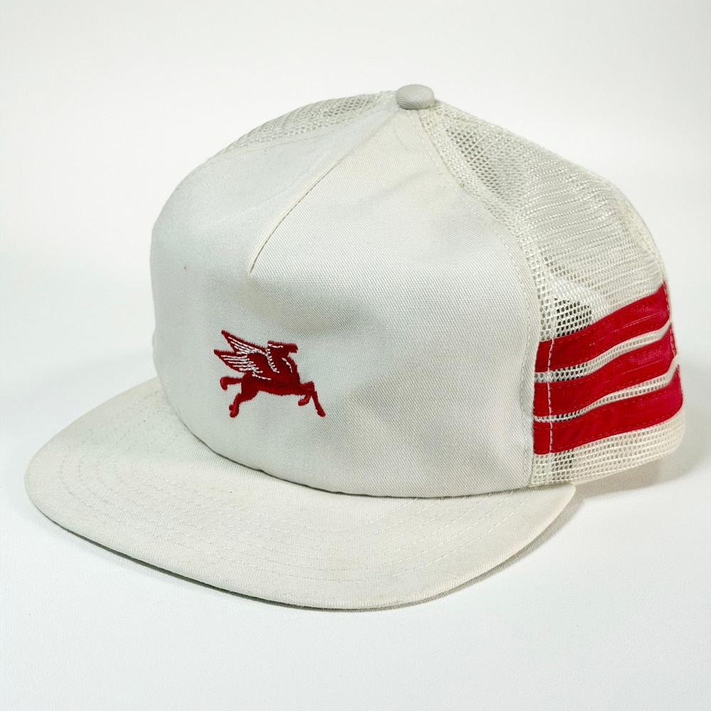 Vintage 70s Mobil Oil Pegasus Trucker Hat Retro Stripe Mesh Snapback USA Racing